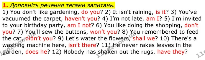 1. Доповніть речення тегами запитань. — ГДЗ Робочий зошит Англійська мова 7 клас Ходаковська, Несвіт