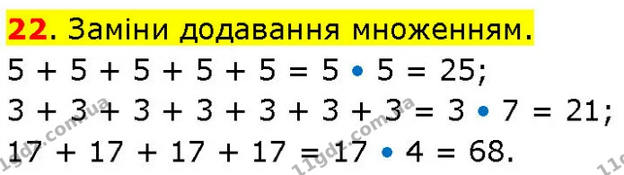 22. Заміни додавання множенням. — ГДЗ Математика 3 клас Козак 1-2 ч.