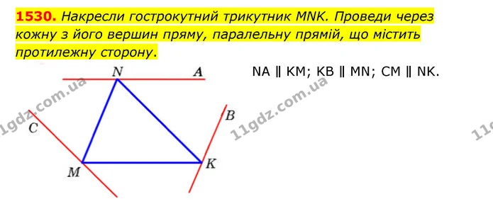 1530. Накресли гострокутний трикутник MNK. Проведи через кожну з його вершин пряму, паралельну прямій, що містить протилежну сторону. — ГДЗ Математика 6 клас Істер 2023 1-2 ч.