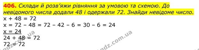 406. Склади й розв’яжи рівняння за умовою та схемою. До невідомого числа додали 48 і одержали 72. Знайди невідоме число. — ГДЗ Математика 3 клас Лишенко (1, 2 частина)