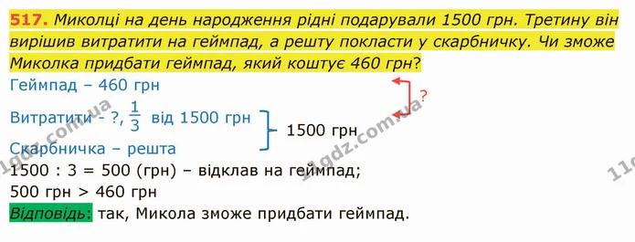 517. Миколці на день народження рідні подарували 1500 грн. Третину він вирішив витратити на геймпад, а решту покласти у скарбничку. Чи — ГДЗ Математика 5 клас Істер 2022
