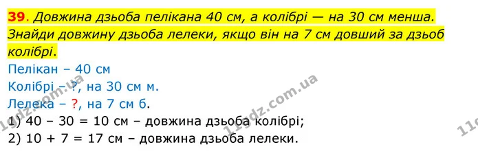 39. Довжина дзьоба пелікана 40 см, а колібрі — на 30 см менша. Знайди довжину дзьоба лелеки, якщо він на 7 см довший за дзьоб колібрі. — ГДЗ Математика 3 клас Бевз 1 частина