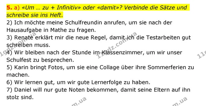 5. a) «Um … zu + Infinitiv» oder «damit»? Verbinde die Sätze und schreibe sie ins Heft. — ГДЗ Німецька мова 10 клас Сотникова 2018