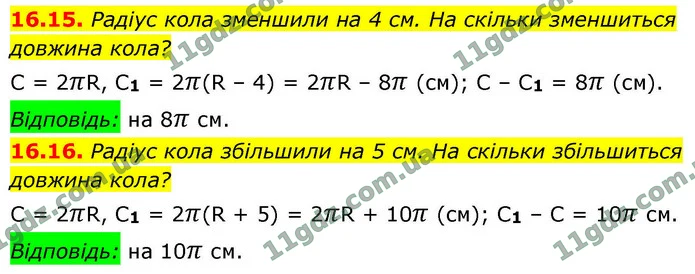 16.15. Радіус кола зменшили на 4 см. На скільки зменшиться довжина кола? — ГДЗ Геометрія 9 клас Істер 2026