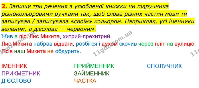 2. Запиши три речення з улюбленої книжки чи підручника різнокольоровими ручками так, щоб слова різних частин мови ти записував / — ГДЗ Робочий зошит Українська мова 4 клас Большакова