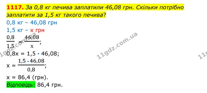 1117. За 0,8 кг печива заплатили 46,08 грн. Скільки потрібно заплатити за 1,5 кг такого печива? — ГДЗ Математика 6 клас Істер 2023 1-2 ч.