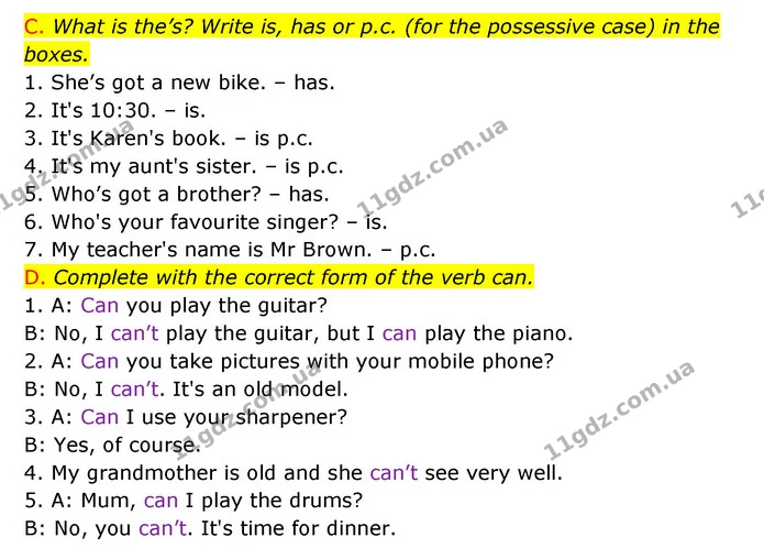C. What is the’s? Write is, has or p.c. (for the possessive case) in the boxes. — ГДЗ Зошит граматика Англійська мова Мітчелл