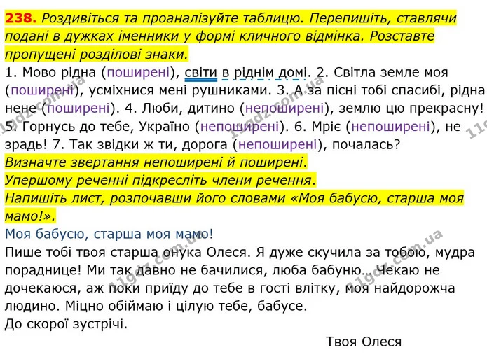 238. Роздивіться та проаналізуйте таблицю. Перепишіть, ставлячи подані в дужках іменники у формі кличного відмінка. Розставте пропущені — ГДЗ Українська мова 6 клас Глазова