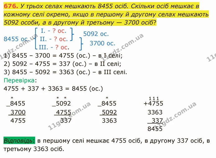 676. У трьох селах мешкають 8455 осіб. Скільки осіб мешкає в кожному селі окремо, якщо в першому й другому селах мешкають 5092 особи, а — ГДЗ Математика 4 клас Оляницька