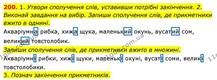 200. 1. Утвори сполучення слів, уставивши потрібні закінчення. 2. Виконай завдання на вибір. Запиши сполучення слів, де прикметники — ГДЗ Українська мова та читання 3 клас Кравцова (1 частина)