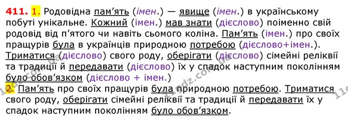 411. 1. Родовідна пам’ять (імен.) — явище (імен.) в українському побуті унікальне. Кожний (імен.) мав знати (дієслово) поіменно свій — ГДЗ Українська мова 5 клас Єрмоленко 2018