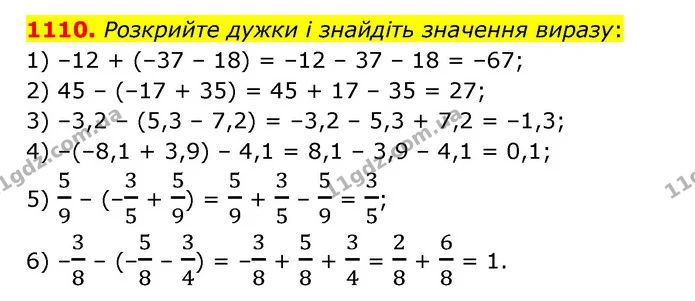 1110. Розкрийте дужки і знайдіть значення виразу: — ГДЗ Математика 6 клас Кравчук 2023