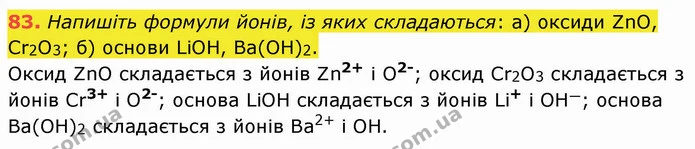 83. Напишіть формули йонів, із яких складаються: а) оксиди ZnO, Cr2O3; б) основи LiOH, Ba(OH)2. — ГДЗ Хімія 8 клас Попель