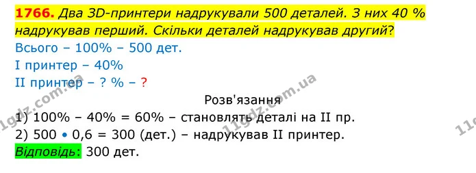 1766. Два ЗD–принтери надрукували 500 деталей. З них 40 % надрукував перший. Скільки деталей надрукував другий? — ГДЗ Математика 5 клас Бевз