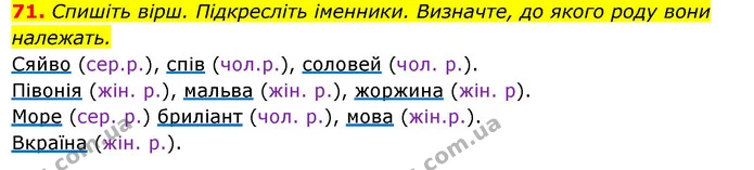 71. Спишіть вірш. Підкресліть іменники. Визначте, до якого роду вони — ГДЗ Українська мова 6 клас Ворон, Солопенко