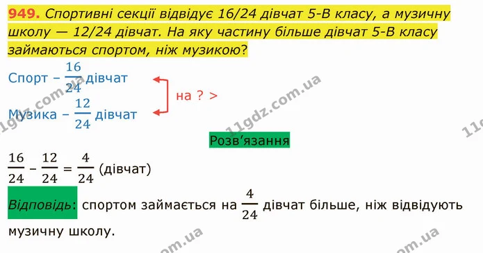 949. Спортивні секції відвідує 16/24 дівчат 5-В класу, а музичну школу — 12/24 дівчат. На яку частину більше дівчат 5-В класу — ГДЗ Математика 5 клас Тарасенкова 2022