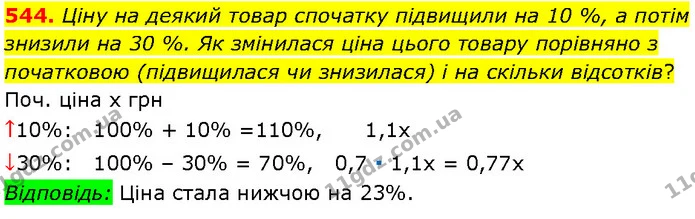 544. Ціну на деякий товар спочатку підвищили на 10 %, а потім знизили на 30 %. Як змінилася ціна цього товару порівняно з початковою — Алгебра 7 клас Мерзляк 2024