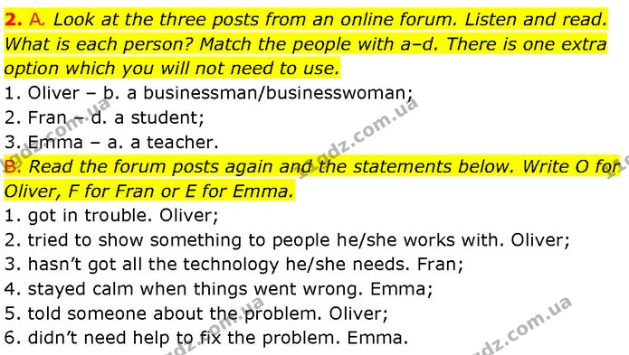 2. A. Look at the three posts from an online forum. Listen and read. What is each person? Match the people with a–d. There is one extra — ГДЗ Англійська мова 7 клас Мітчелл