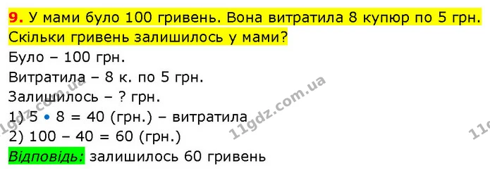 9. У мами було 100 гривень. Вона витратила 8 купюр по 5 грн. Скільки гривень залишилось у мами? — ГДЗ Математика 3 клас Будна 1-2 ч.