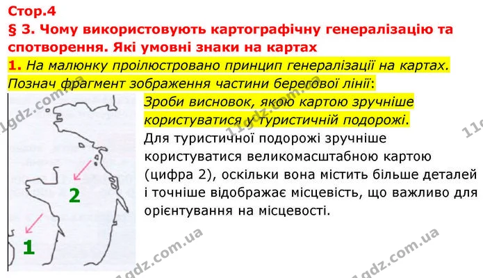 1. На малюнку проілюстровано принцип генералізації на картах. — ГДЗ робочий зошит Географія 7 клас Гільберг