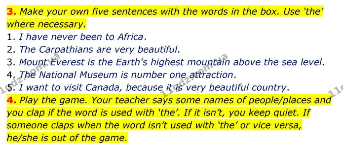 3. Make your own five sentences with the words in the box. Use ‘the’ where necessary. — ГДЗ Зошит з граматики Англійська мова 5 клас Карпюк 2022
