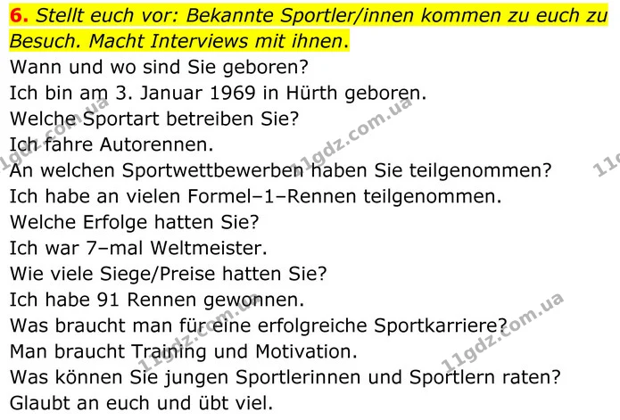 6. Stellt euch vor: Bekannte Sportler/innen kommen zu euch zu Besuch. Macht Interviews mit ihnen. — ГДЗ Німецька мова 8 клас Сотникова (2025) 4 рік