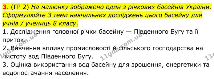 3. (ГР 2) На малюнку зображено один з річкових басейнів України. Сформулюйте З теми навчальних досліджень цього басейну для учнів / — ГДЗ Зошит практичні Географія 8 клас Гільберг