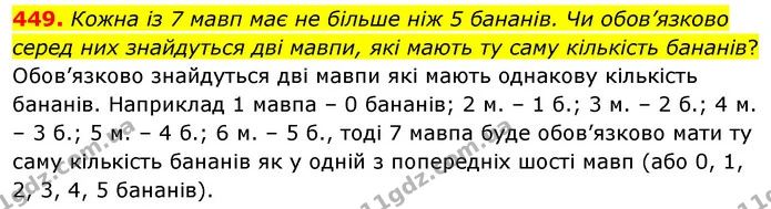 449. Кожна із 7 мавп має не більше ніж 5 бананів. Чи обов’язково серед них знайдуться дві мавпи, які мають ту саму кількість бананів? — ГДЗ Математика 6 клас Кравчук 2023