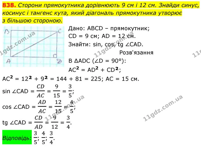 838. Сторони прямокутника дорівнюють 9 см і 12 см. Знайди синус, — ГДЗ Геометрія 8 клас Бевз