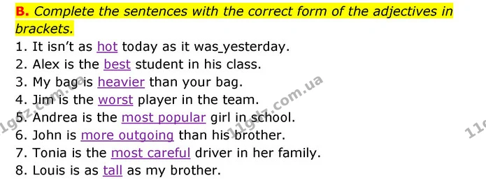 B. Complete the sentences with the correct form of the adjectives in brackets. — ГДЗ Робочий зошит Англійська мова 6 клас Мітчелл
