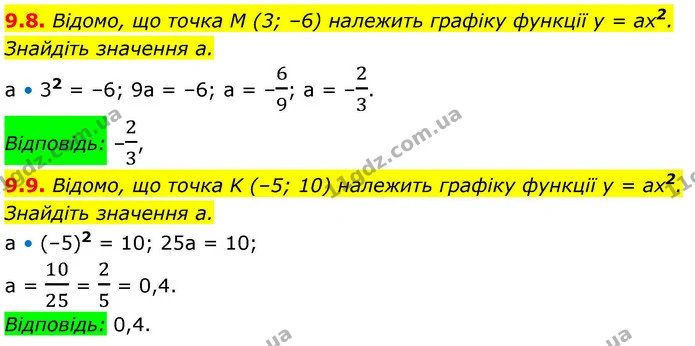 9.8. Відомо, що точка M (3; –6) належить графіку функції y = ax2. — ГДЗ Алгебра 9 клас Мерзляк 2026
