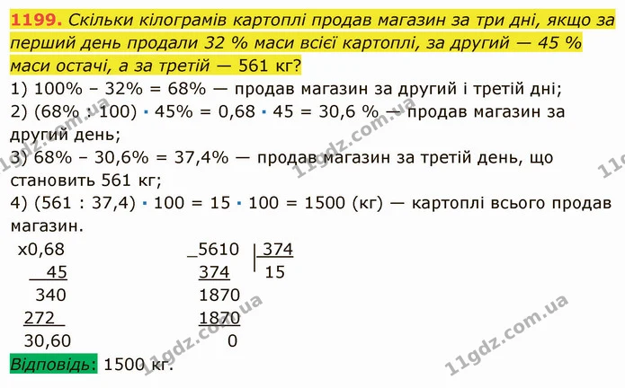 1199. Скільки кілограмів картоплі продав магазин за три дні, якщо за перший день продали 32 % маси всієї картоплі, за другий — 45 % — ГДЗ Математика 5 клас Мерзляк