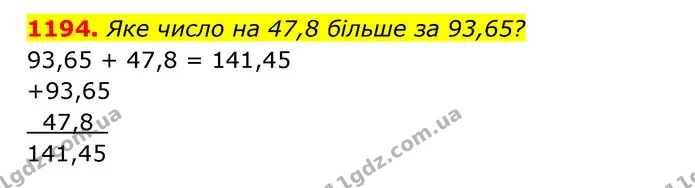1194. Яке число на 47,8 більше за 93,65? — ГДЗ Математика 5 клас Бевз