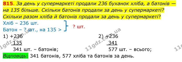 815. За день у супермаркеті продали 236 буханок хліба, а батонів — на 135 більше. Скільки батонів продали за день у супермаркеті? — ГДЗ Математика 3 клас Бевз 1 частина