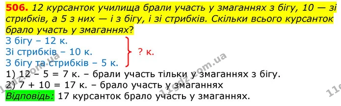 506. 12 курсанток училища брали участь у змаганнях з бігу, 10 — зі стрибків, а 5 з них — і з бігу, і зі стрибків. Скільки всього — ГДЗ Математика 3 клас Лишенко (1, 2 частина)