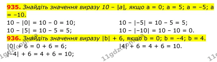 935. Знайдіть значення виразу 10 – |а|, якщо а = 0; а = 5; а = –5; а = –10. — ГДЗ Математика 6 клас Кравчук 2023