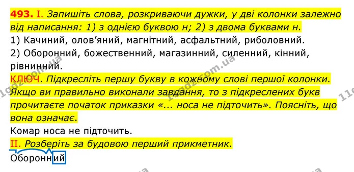 493. І. Запишіть слова, розкриваючи дужки, у дві колонки залежно від написання: 1) з однією буквою н; 2) з двома буквами н. — ГДЗ Українська мова 6 клас Заболотний 2023