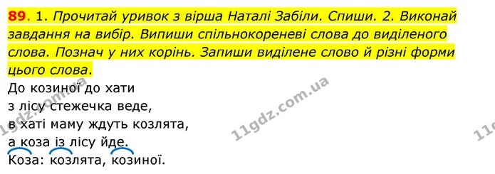 89. 1. Прочитай уривок з вірша Наталі Забіли. Спиши. 2. Виконай завдання на вибір. Випиши спільнокореневі слова до виділеного слова — ГДЗ Українська мова та читання 3 клас Кравцова (1 частина)