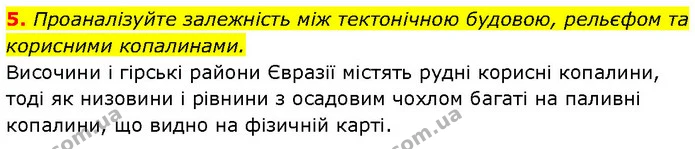 5. Проаналізуйте залежність між тектонічною будовою, рельєфом та корисними копалинами. — ГДЗ Географія 7 клас Гільберг