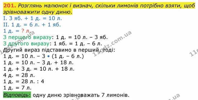 201. Розглянь малюнок і визнач, скільки лимонів потрібно взяти, щоб зрівноважити одну диню. — ГДЗ Математика 4 клас Оляницька