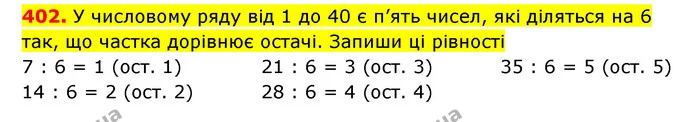 402. У числовому ряду від 1 до 40 є п’ять чисел, які діляться на 6 так, що частка дорівнює остачі. Запиши ці рівності — ГДЗ Математика 3 клас Будна 1-2 ч.