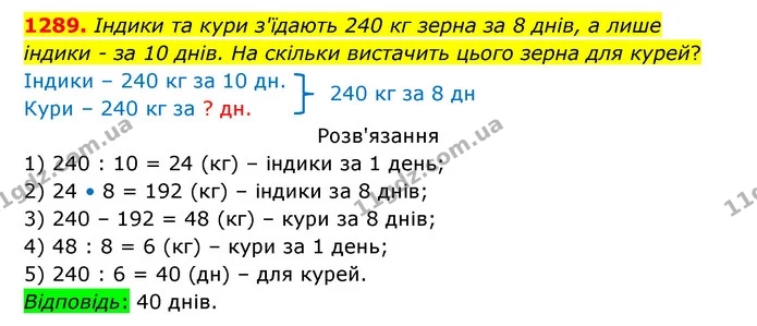 1289. Індики та кури з'їдають 240 кг зерна за 8 днів, а лише індики – за 10 днів. На скільки вистачить цього зерна для курей? — ГДЗ Математика 5 клас Бевз