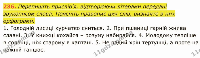 236. Перепишіть прислів’я, відтворюючи літерами передані звукописом слова. Поясніть правопис цих слів, визначте в них орфограми. — ГДЗ Українська мова 6 клас Глазова