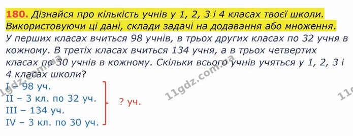 180. Дізнайся про кількість учнів у 1, 2, 3 і 4 класах твоєї школи. Використовуючи ці дані, склади задачі на додавання або множення. — ГДЗ Математика 4 клас Заїка