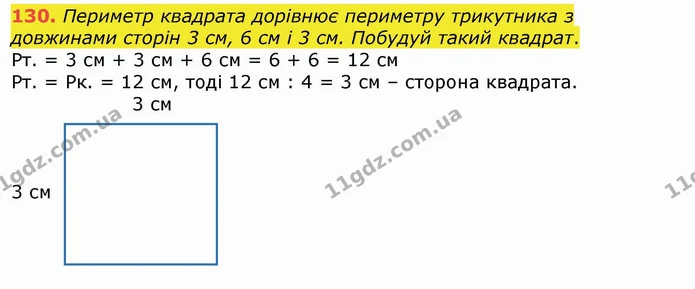 130. Периметр квадрата дорівнює периметру трикутника з довжинами сторін 3 см, 6 см і 3 см. Побудуй такий квадрат. — ГДЗ Математика 4 клас Лишенко 1-2 ч.