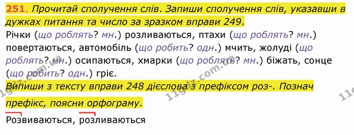 251. Прочитай сполучення слів. Запиши сполучення слів, указавши в дужках питання та число за зразком вправи 249. Річки (що роблять? — ГДЗ Українська мова та читання 4 клас Захарійчук