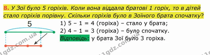 8. У Зої було 5 горіхів. Коли вона віддала братові 1 горіх, то в дітей стало горіхів порівну. Скільки горіхів було в Зоїного брата — ГДЗ Математика 4 клас Скворцова