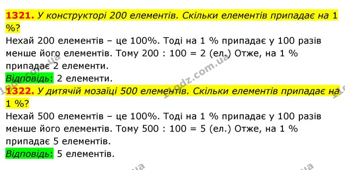 1321. У конструкторі 200 елементів. Скільки елементів припадає на 1 %? — ГДЗ Математика 5 клас Тарасенкова 2022