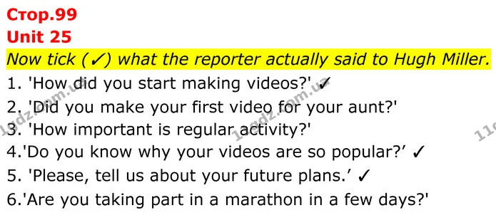 Now tick (✓) what the reporter actually said to Hugh Miller. — ГДЗ граматика Англійська мова 7 клас Мітчелл