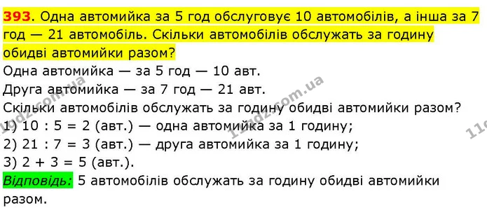 393. Одна автомийка за 5 год обслуговує 10 автомобілів, а інша за 7 год — 21 автомобіль. Скільки автомобілів обслужать за годину обидві — ГДЗ Математика 3 клас Козак 1-2 ч.